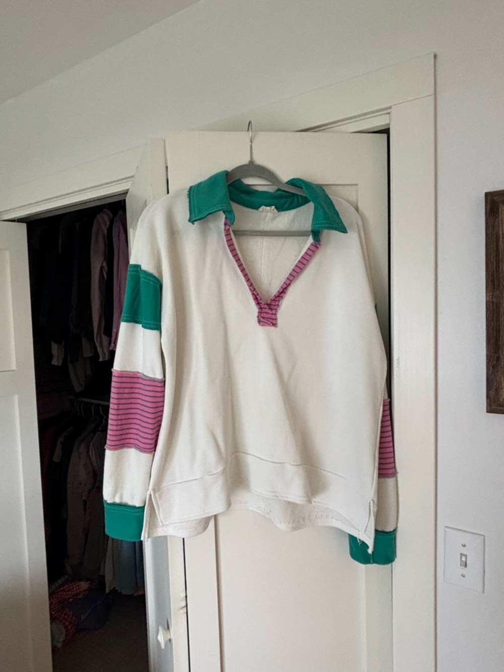 Hem & Thread White V-Neck Pullover with Teal Collar and Pink Stripe Sleeves